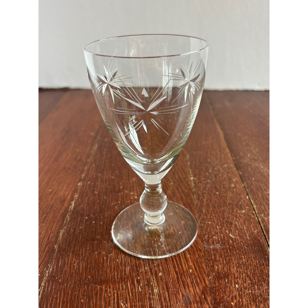 Vintage Cut Crystal Starburst Cordial Glass Ball Stem Liqueur Glass 4.25"